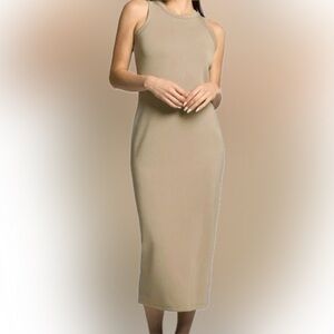 Fitted Rib-Knit Tan Dress